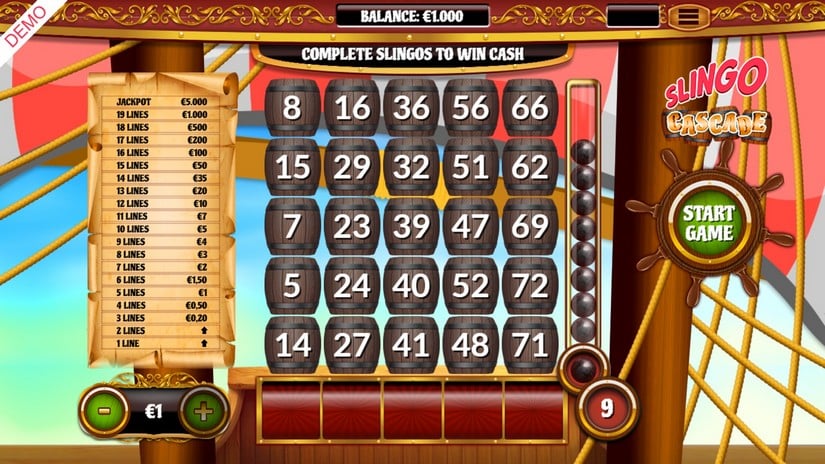 Slingo Cascade slot screen 1