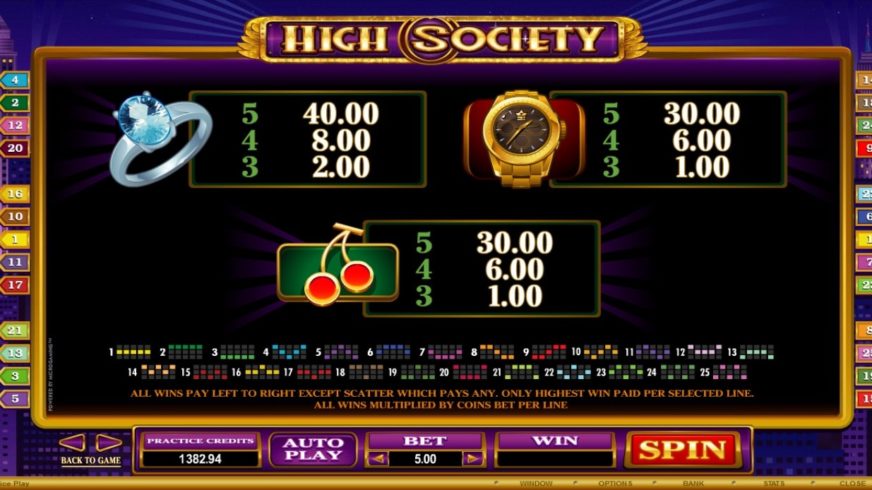 High Society slot screen 1