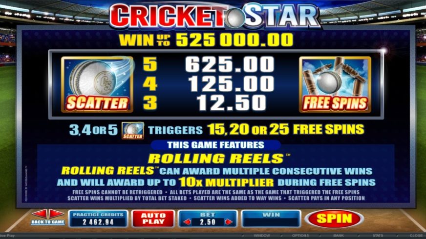 Cricket Star slot screen 2