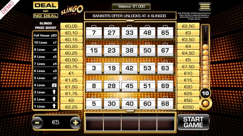 Deal Or No Deal Slingo slot screen 1