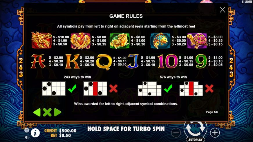 5 Lions slot screen 2