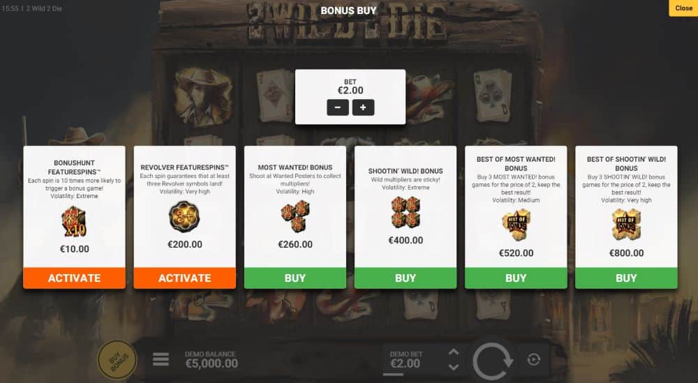 2 Wild 2 Die bonus buy